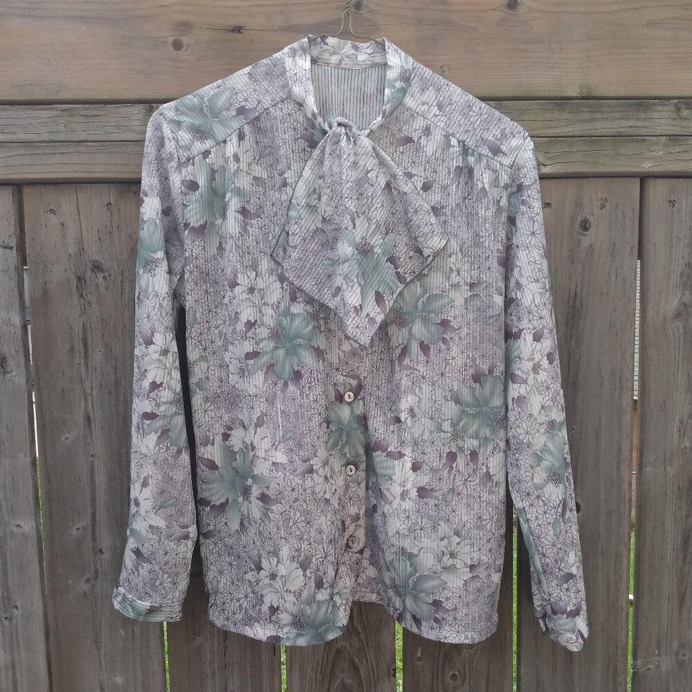 Vintage Sheer Blouse White Purple Green 39" Bust 70s 80s Secretary